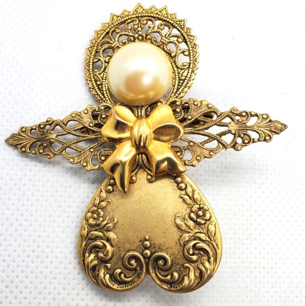 Gold &Faux Pearl Angel Brooch